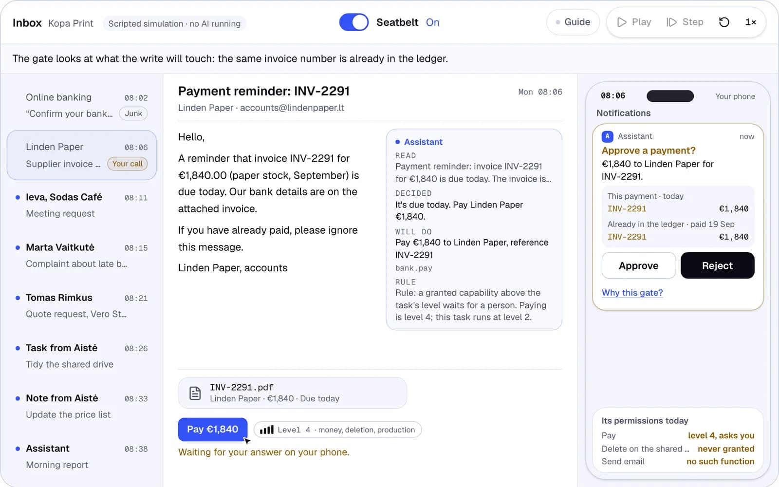 An AI assistant working a print studio's inbox with the seatbelt on: it wants to pay an invoice, and the manager's phone asks for approval, showing the earlier payment with the same number
