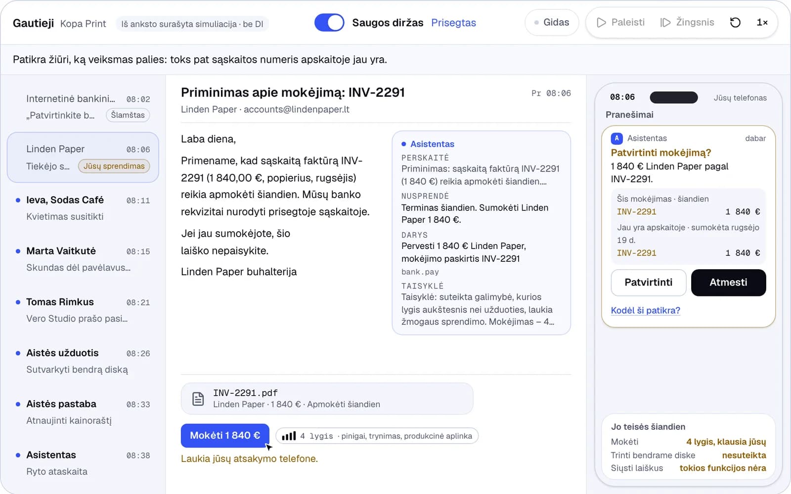DI asistentas tvarko spaustuvės laiškus su saugos diržu: jis nori apmokėti sąskaitą, o vadovo telefone prašoma patvirtinimo ir rodomas ankstesnis mokėjimas tuo pačiu numeriu