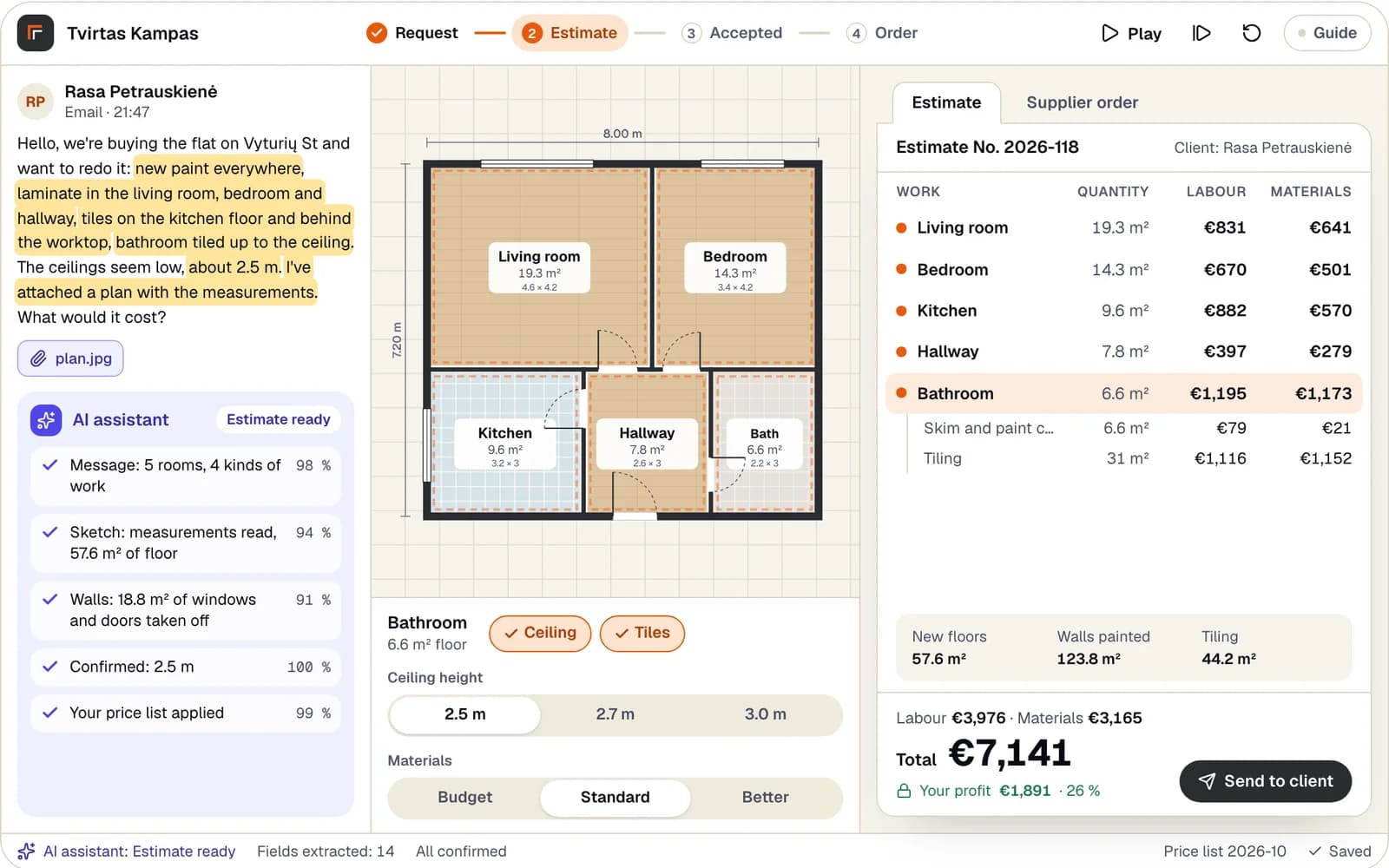 A renovation crew's estimating app: the client's message with the AI assistant's highlights and steps, the flat's plan drawn from her sketch, and the estimate with labour, materials and profit