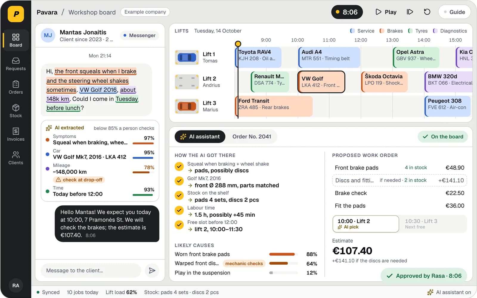 A car service workshop app: the client's message with highlighted spans, the AI assistant's reasoning and proposed work order, and three lifts on the day's board