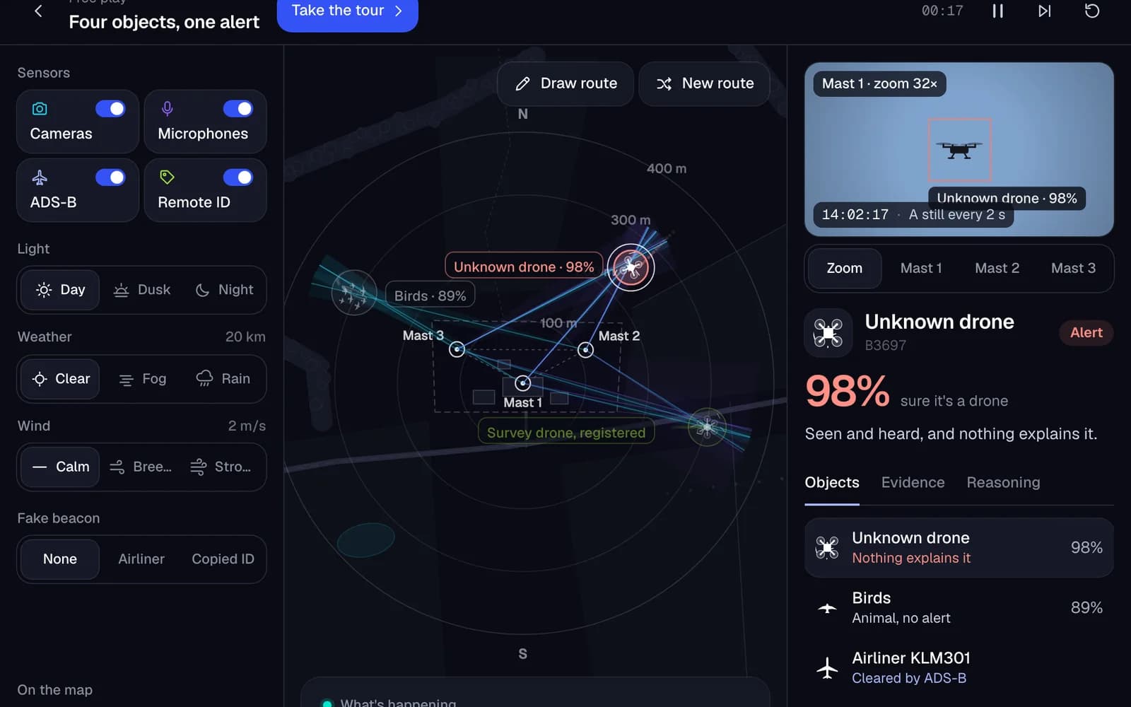 The simulation's map with three masts crossing bearings on a drone, beside the list of what is left to explain