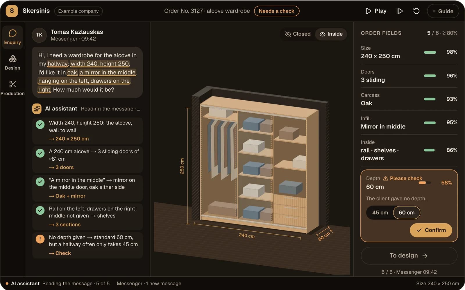 A furniture workshop's order desk: the AI assistant has read a client's Messenger message, filled in the order fields with confidence scores and flagged the depth for a person, beside a 3D wardrobe in its alcove