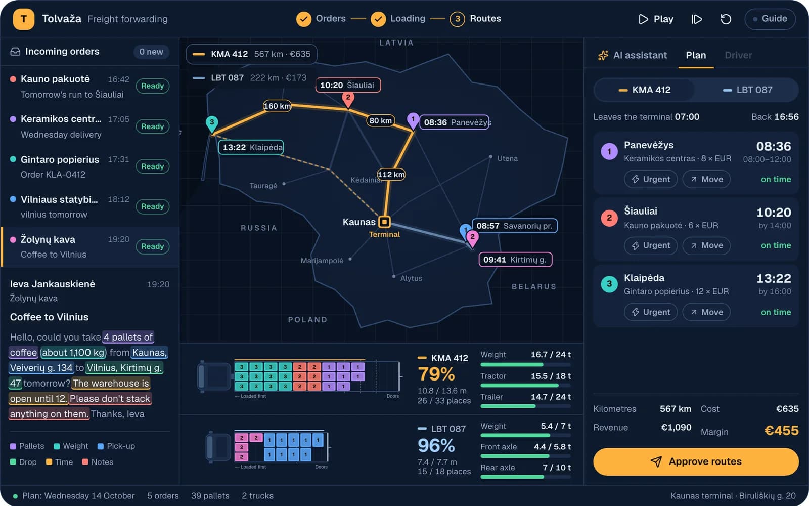 A freight forwarder's dispatch app: order emails read by an AI assistant, two trucks loaded with pallets, and their routes with arrival times on a map of Lithuania