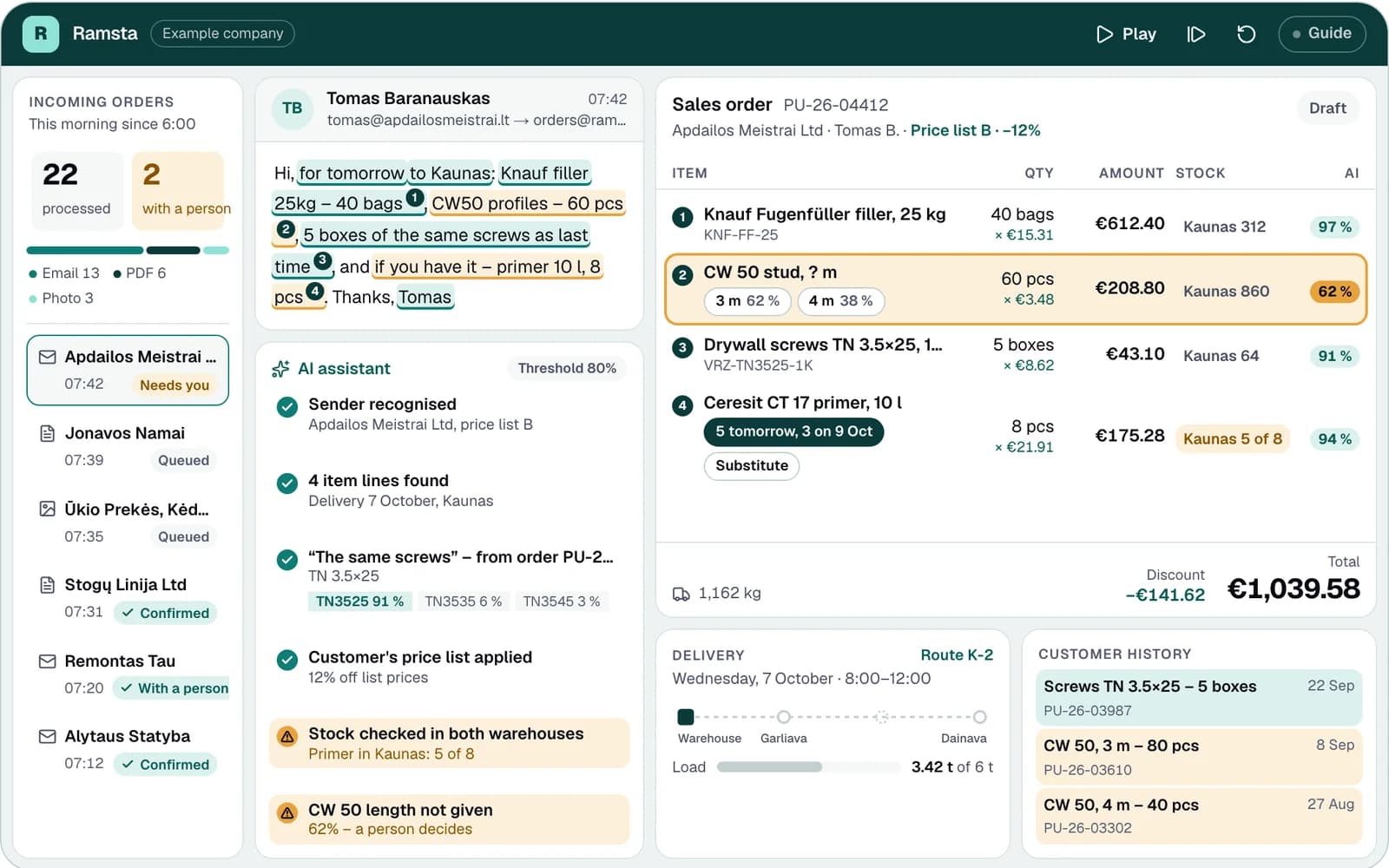 A wholesaler's order inbox: a customer's email with the items marked by the AI assistant, its reasoning steps, and the sales order with one line flagged for a person
