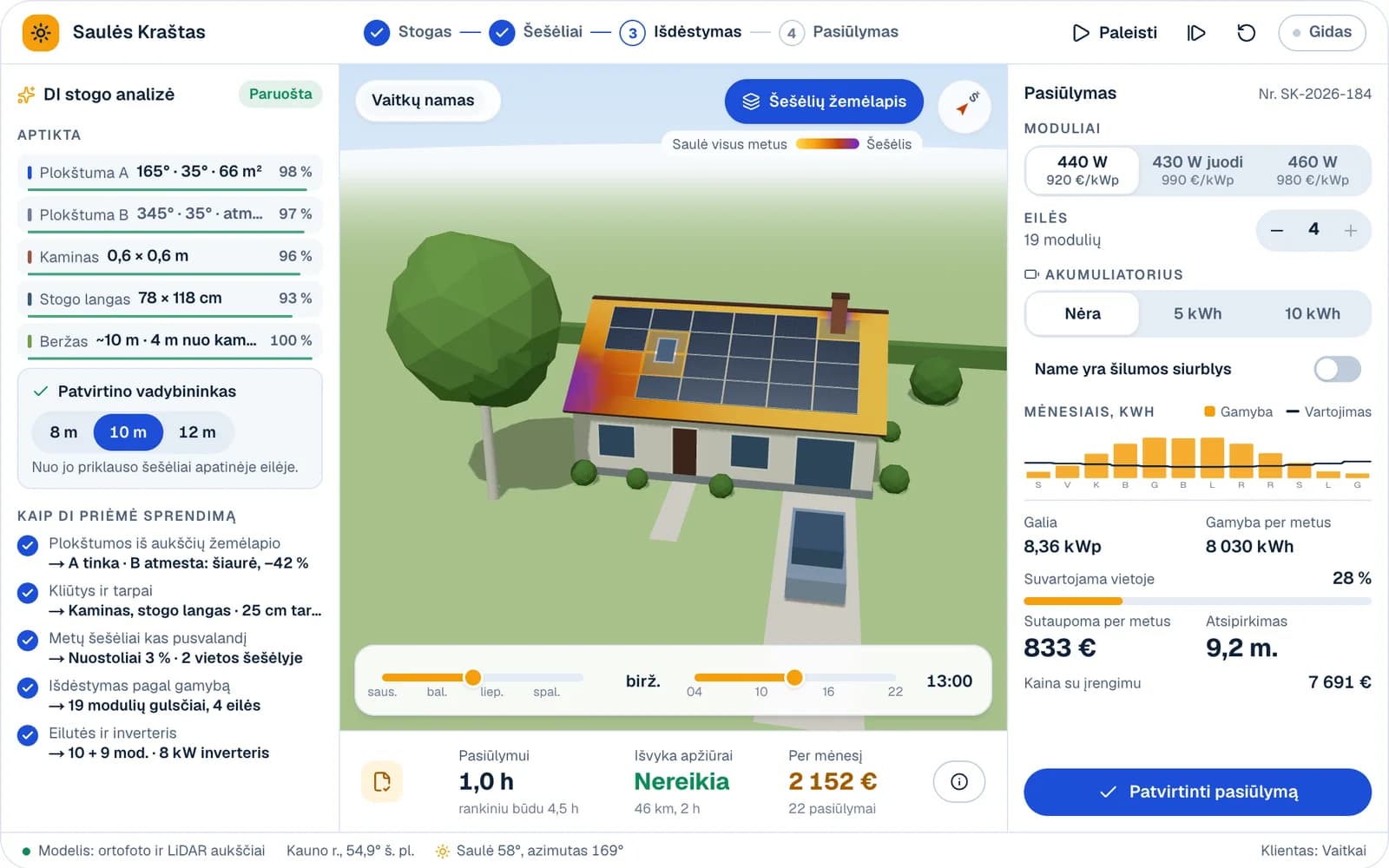 Saulės elektrinių įrengėjo pasiūlymų programa: 3D namas su DI metų šešėlių žemėlapiu ant stogo, moduliai išdėlioti aplink kaminą, stogo langą ir beržą, pasiūlymas su gamyba, sutaupoma suma, atsipirkimu ir įrengėjo sutaupytu laiku
