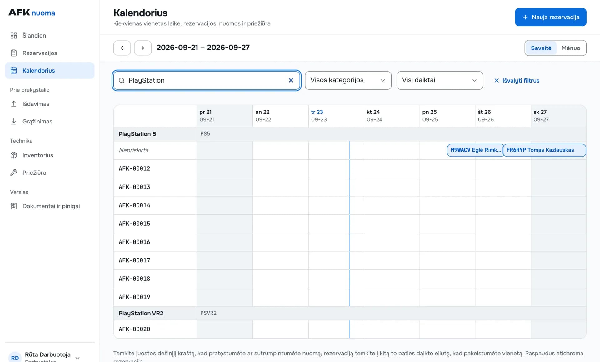 AFKnuoma staff calendar showing reservations by item