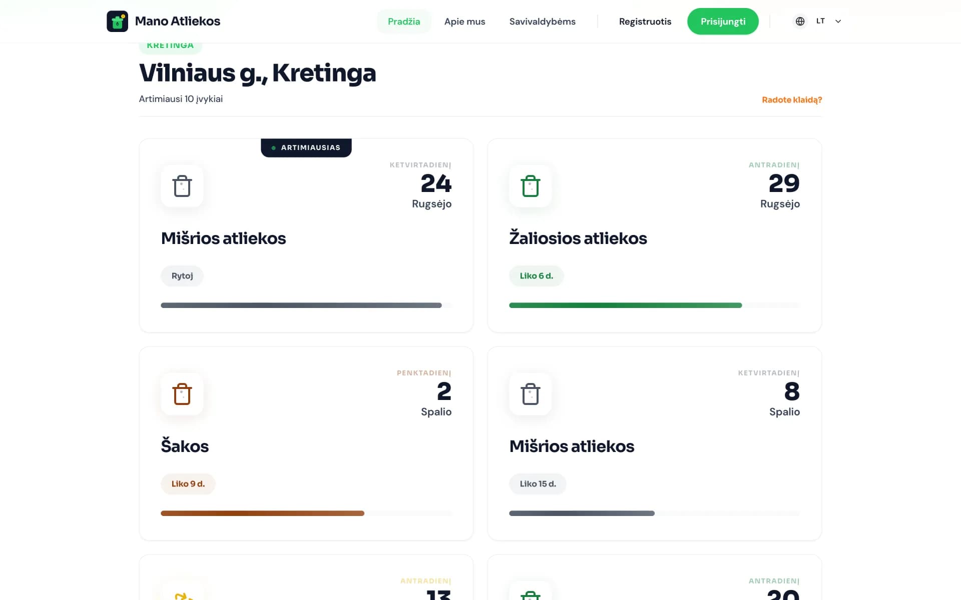 Mano Atliekos: vieno adreso atliekų išvežimo grafikas