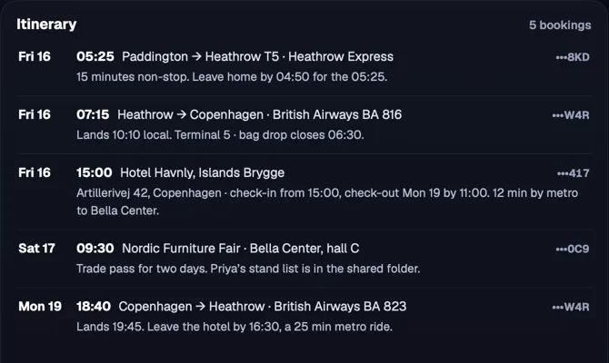 A Copenhagen itinerary built from booking mail: trains, flights and the hotel, with leave-by times.