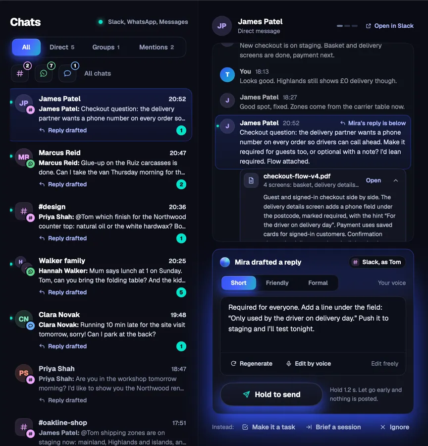 Mira's Chats screen: Slack, WhatsApp and Messages in one list, with a drafted reply.