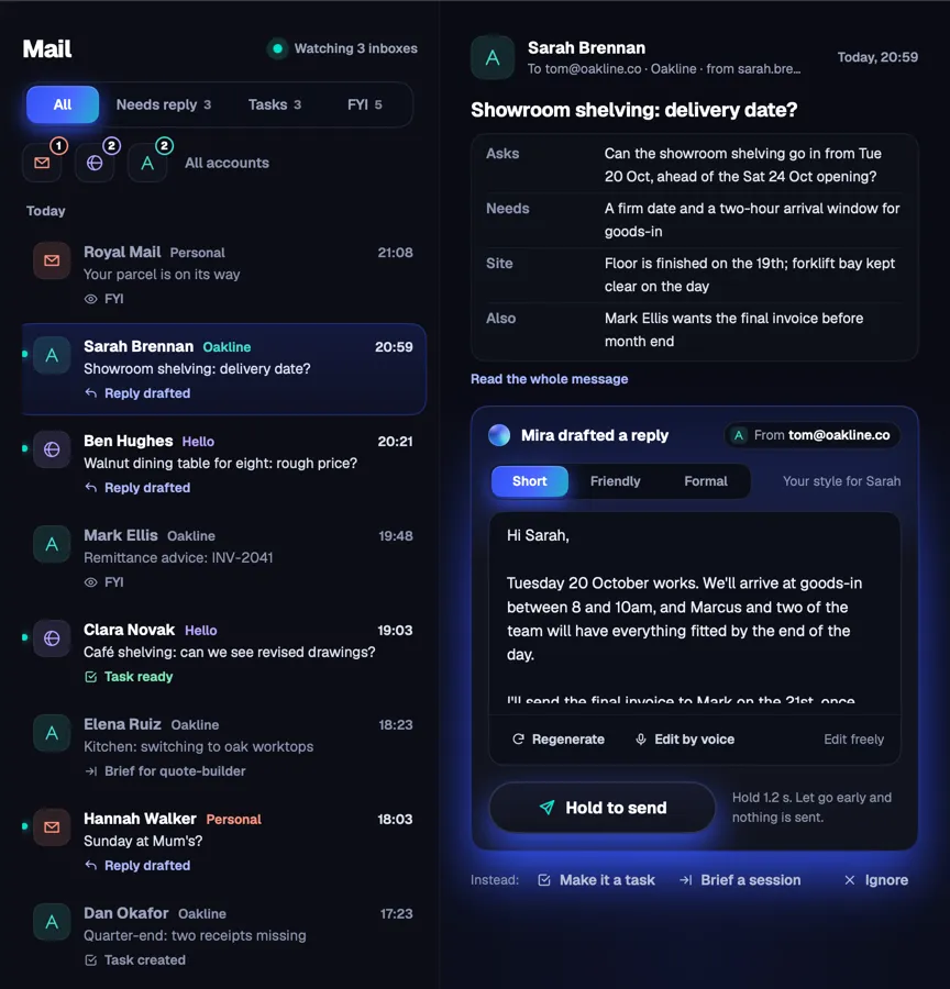 Mira's Mail screen: triaged inbox, a drafted reply in your style and Hold to send.