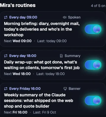 Mira's reminders and routines, which keep running when the network is down.