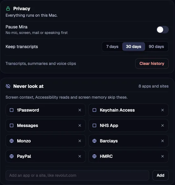 Mira's privacy settings: pause, how long transcripts are kept, and apps and sites she never looks at.