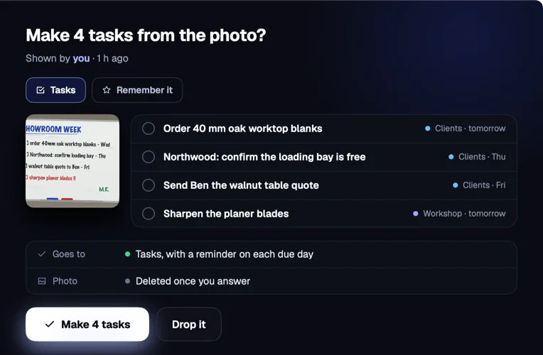 Mira read a whiteboard photo from the iPhone and offers four tasks from it.