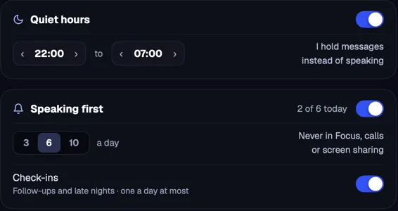Quiet hours, speaking first a few times a day, and one check-in at most.