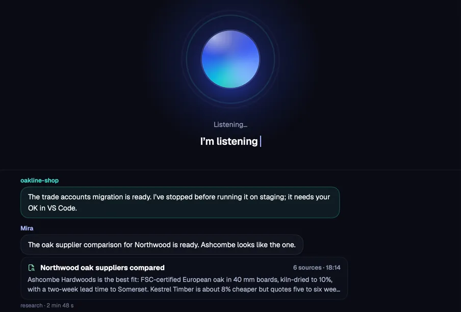 Mira listening, with the conversation so far: a session update, a finished research card and her reply.