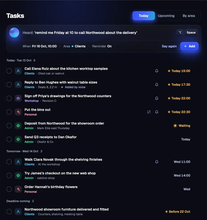 Mira's Tasks screen: a task heard by voice, today's list and her routines.
