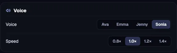 Mira's voice settings: four voices to choose from and how fast she speaks.